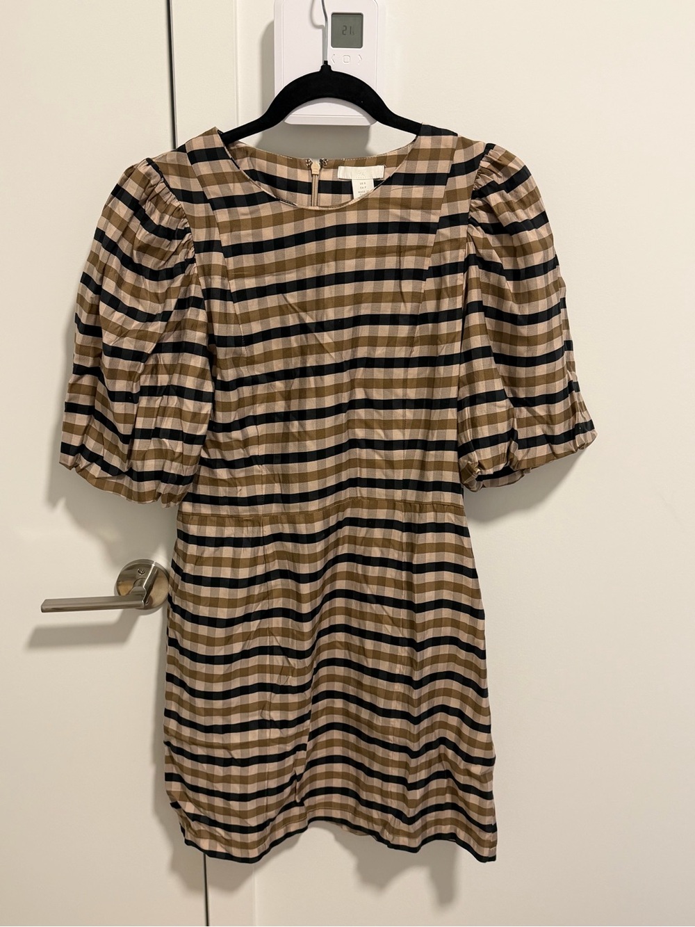H&M Tan and Black Plaid Puff Sleeve Mini Dress